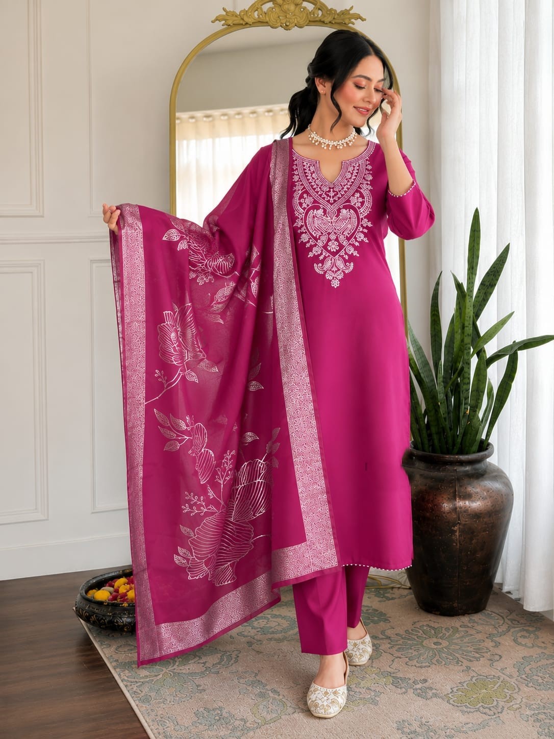 Cotton Embroidered Dupatta Set with Chanderi Floral Dupatta